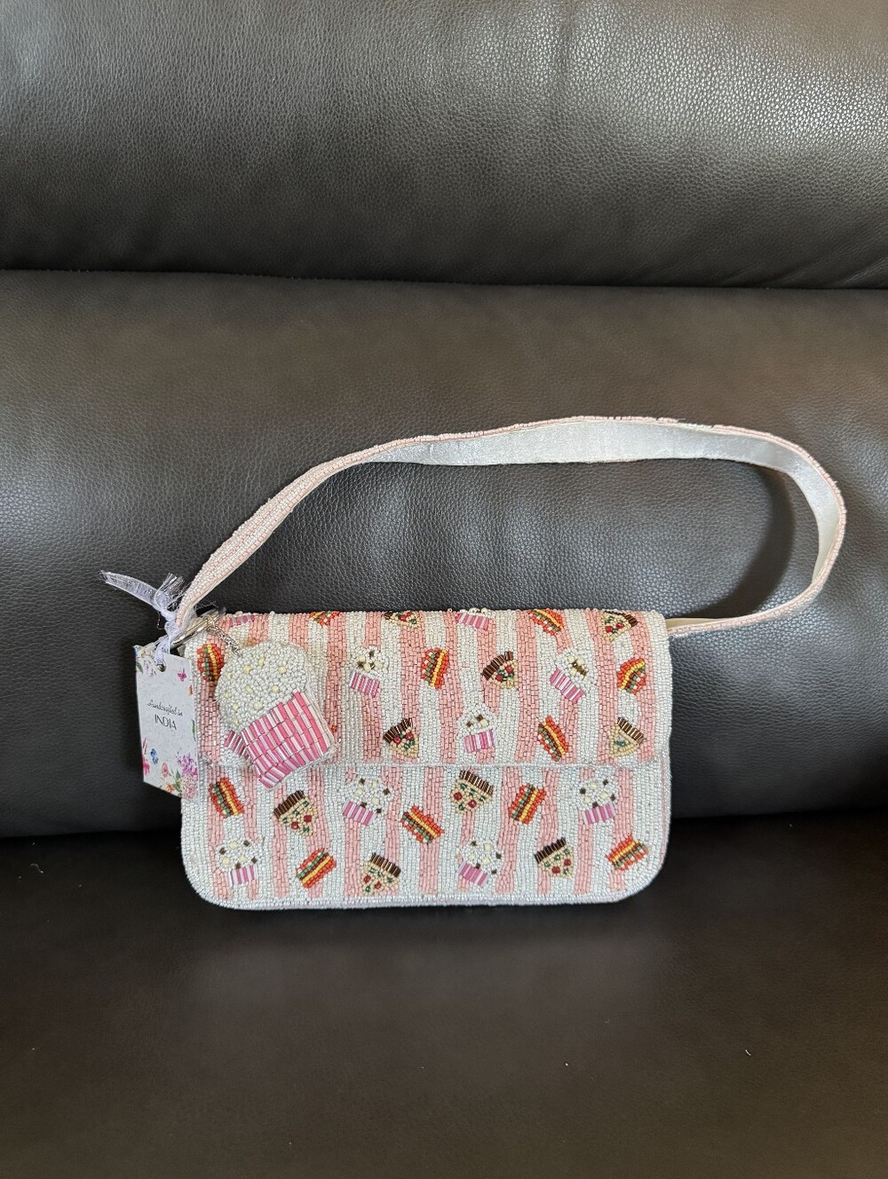 New Made In India Snack Hand Beaded Purse Pizza Popcorn Hamburger Ice Cream Pink
